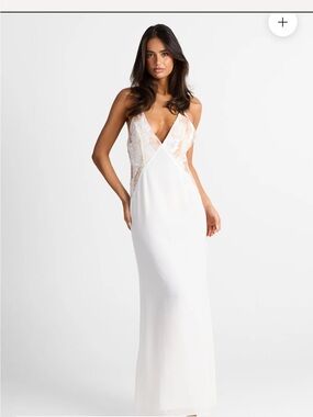 Lace-Trim V-Neck White Slip Gown